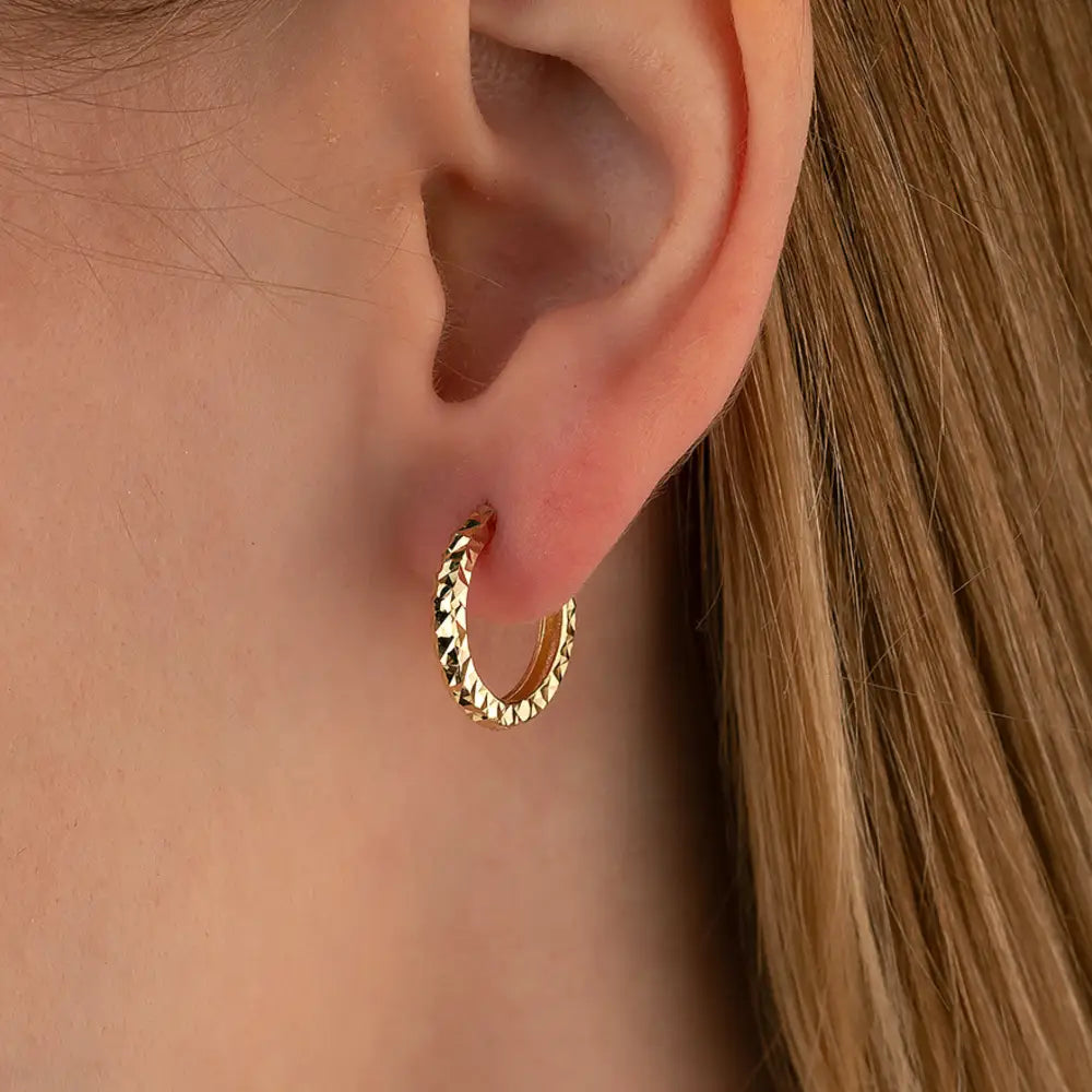 14K Solid Gold Diamond-Cut Huggie Hoop Earrings | 11.5mm & 14mm Everyday Hoops for Women - Hoop Earrings