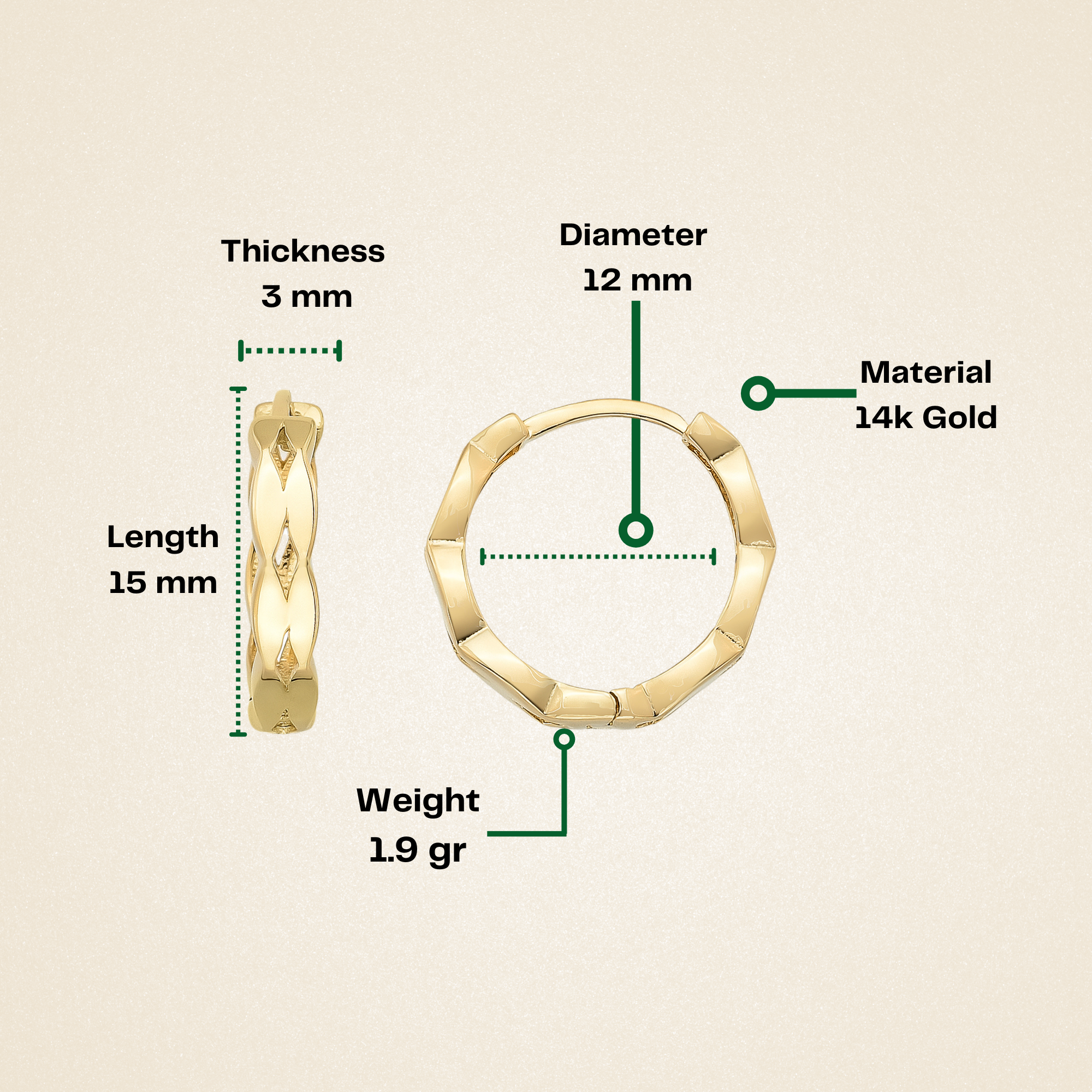 14K Solid Gold Diamond-Cut Huggie Hoop Earrings | 15mm Fancy Everyday Hoops for Women - Hoop Earrings