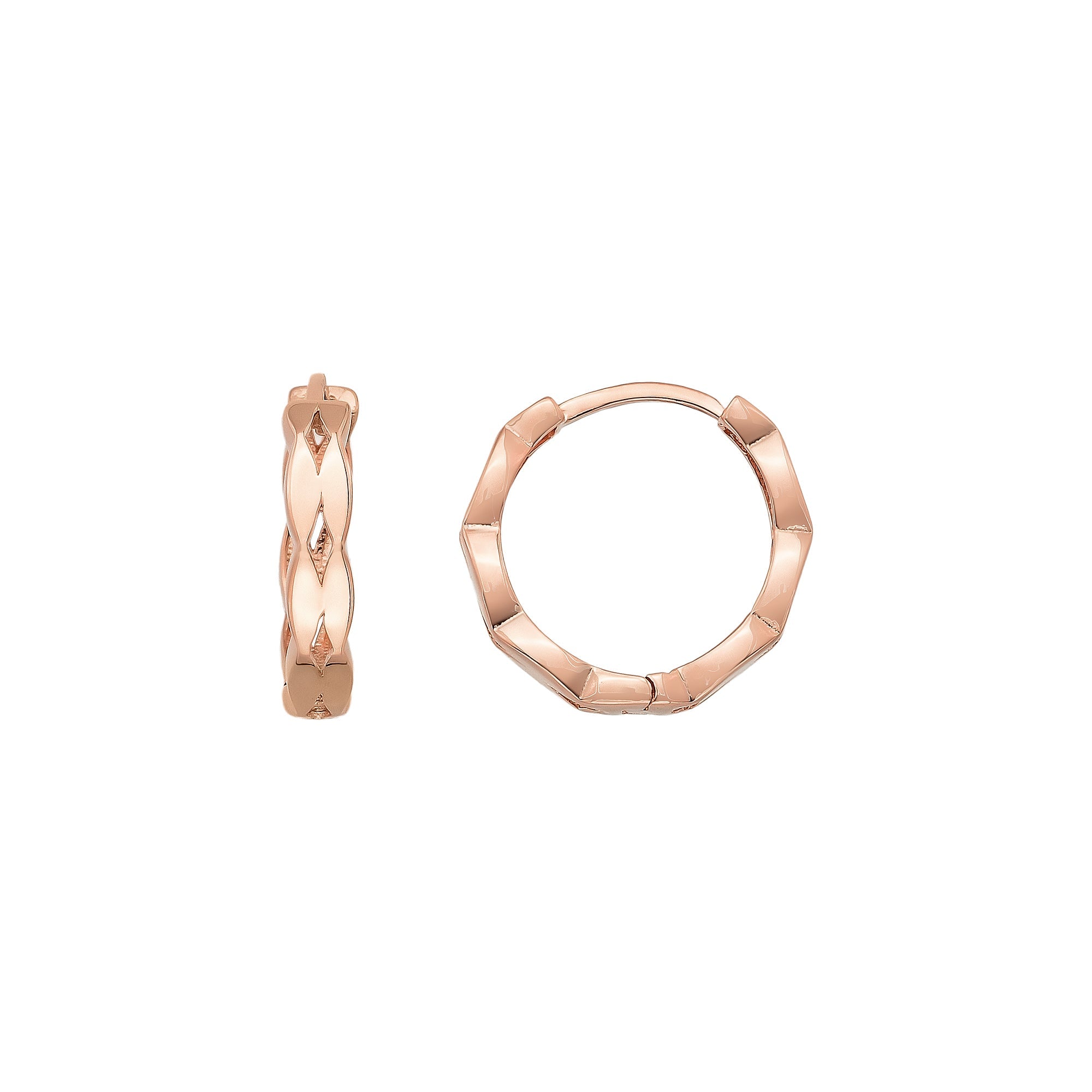 14K Solid Gold Diamond-Cut Huggie Hoop Earrings | 15mm Fancy Everyday Hoops for Women - 14K Rose Gold / Single (1