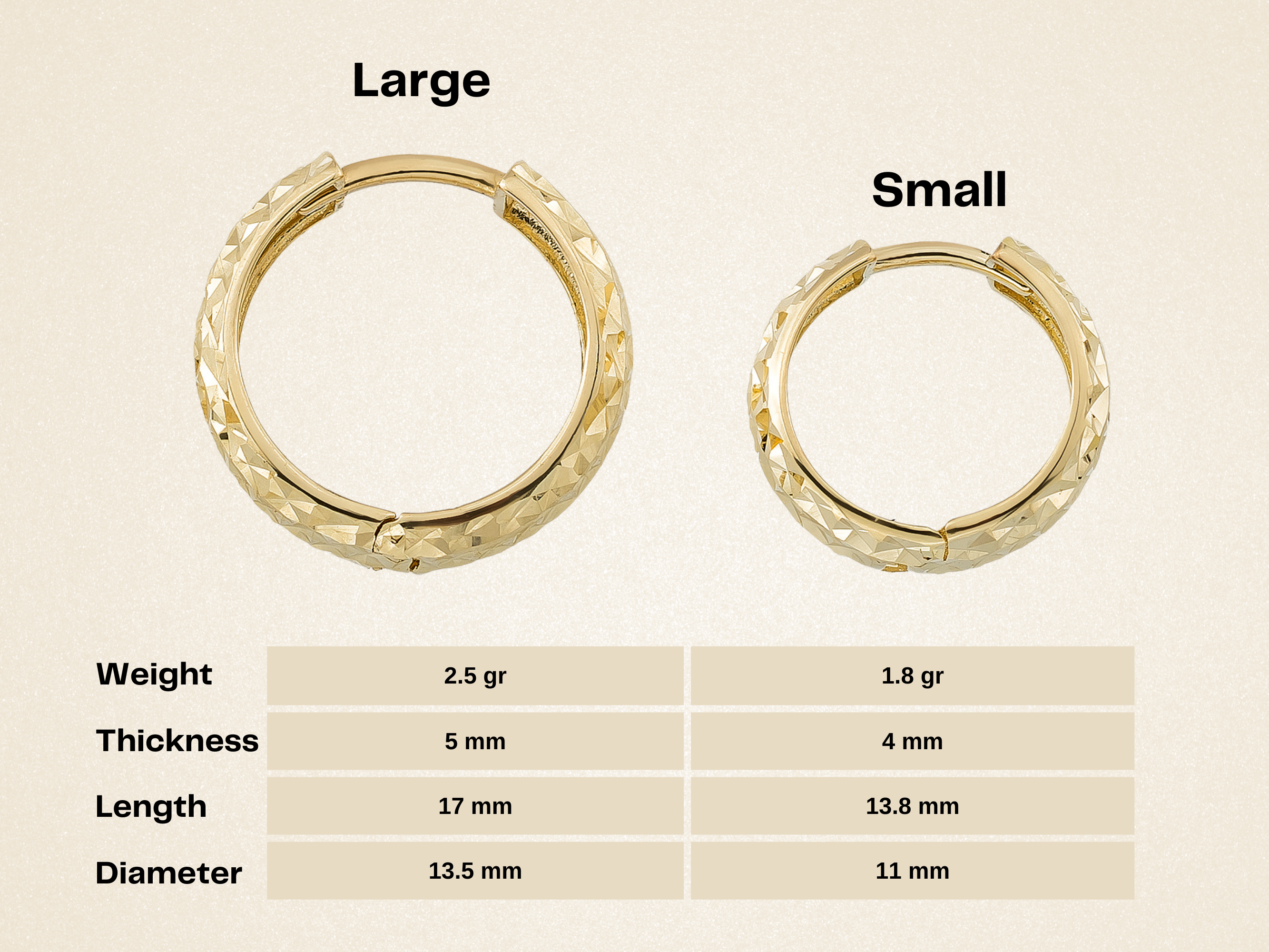 14K Solid Gold Diamond-Cut Huggie Hoop Earrings – Minimalist Everyday Hoops 11mm 13.5mm - Hoop Earrings