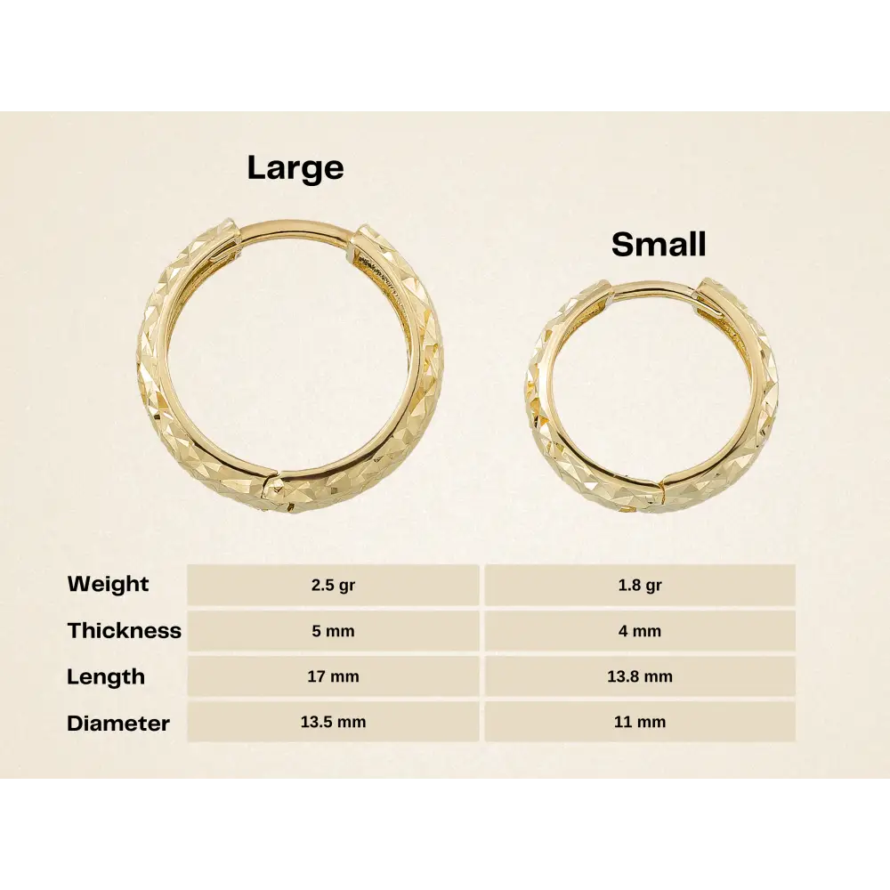 14K Solid Gold Diamond-Cut Huggie Hoop Earrings – Minimalist Everyday Hoops 11mm 13.5mm - Hoop Earrings
