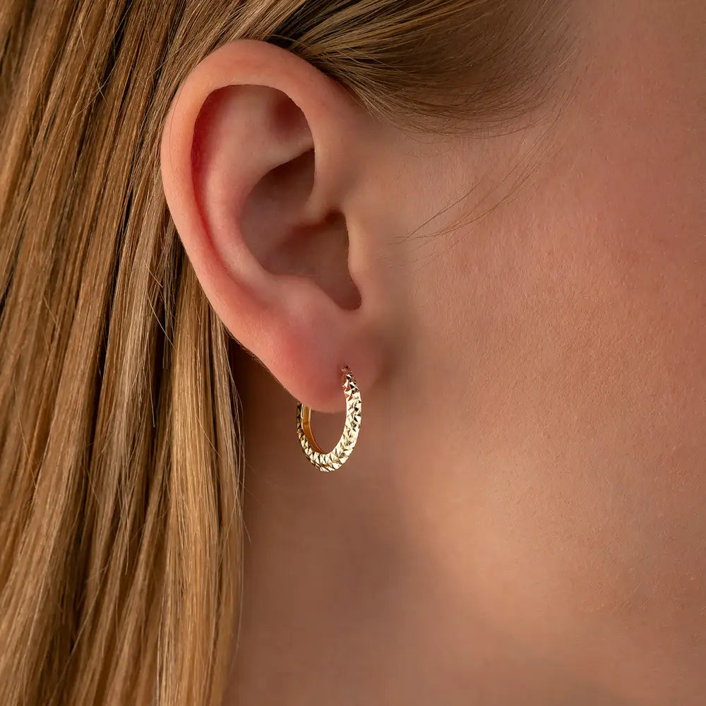 14K Solid Gold Diamond-Cut Huggie Hoop Earrings | Shiny Minimalist Hoops | Set of 2 Gift for Her - Hoop Earrings