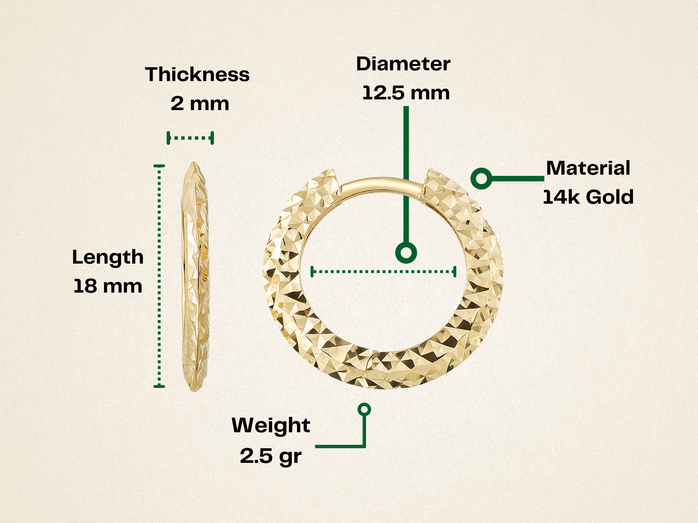 14K Solid Gold Diamond-Cut Huggie Hoop Earrings | Shiny Minimalist Hoops | Set of 2 Gift for Her - Hoop Earrings