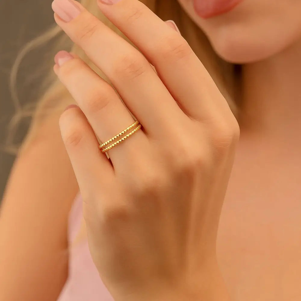 14K Solid Gold Double Beaded Wedding Band Minimalist Ring