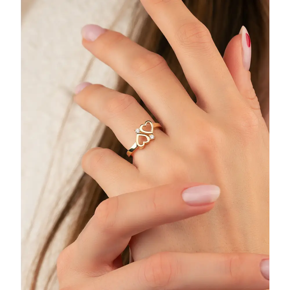 14K Solid Gold Double Heart CZ Ring - Rings