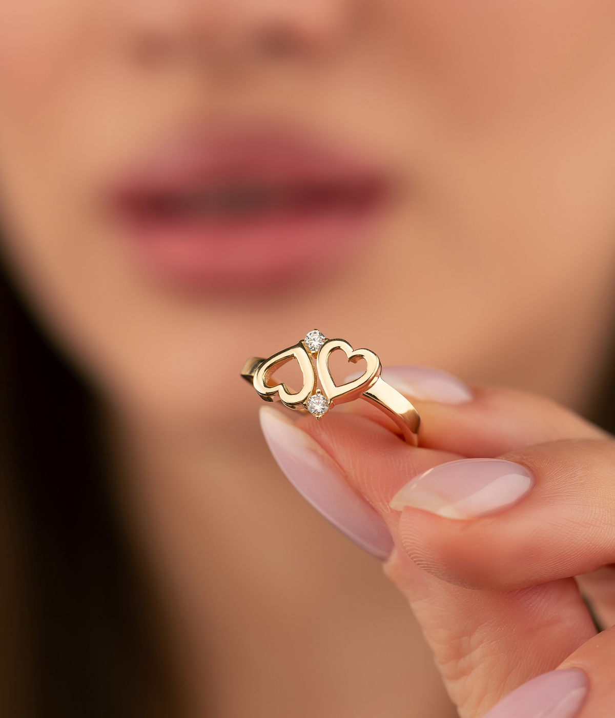 14K Solid Gold Double Heart CZ Ring - Rings