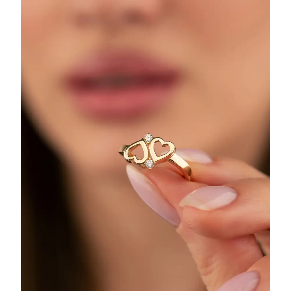 14K Solid Gold Double Heart CZ Ring - Rings