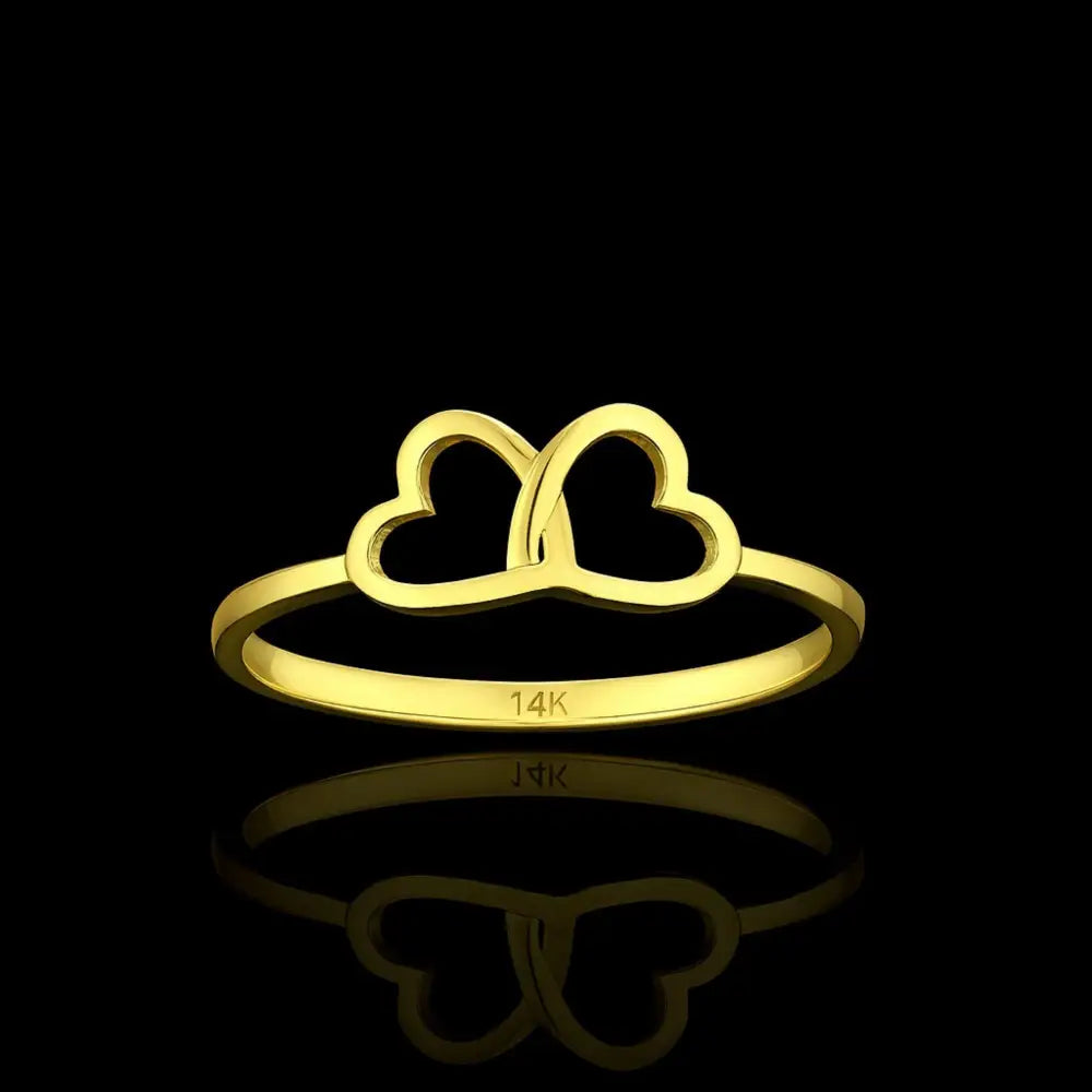 14K Solid Gold Double Heart Ring Dainty Love Band