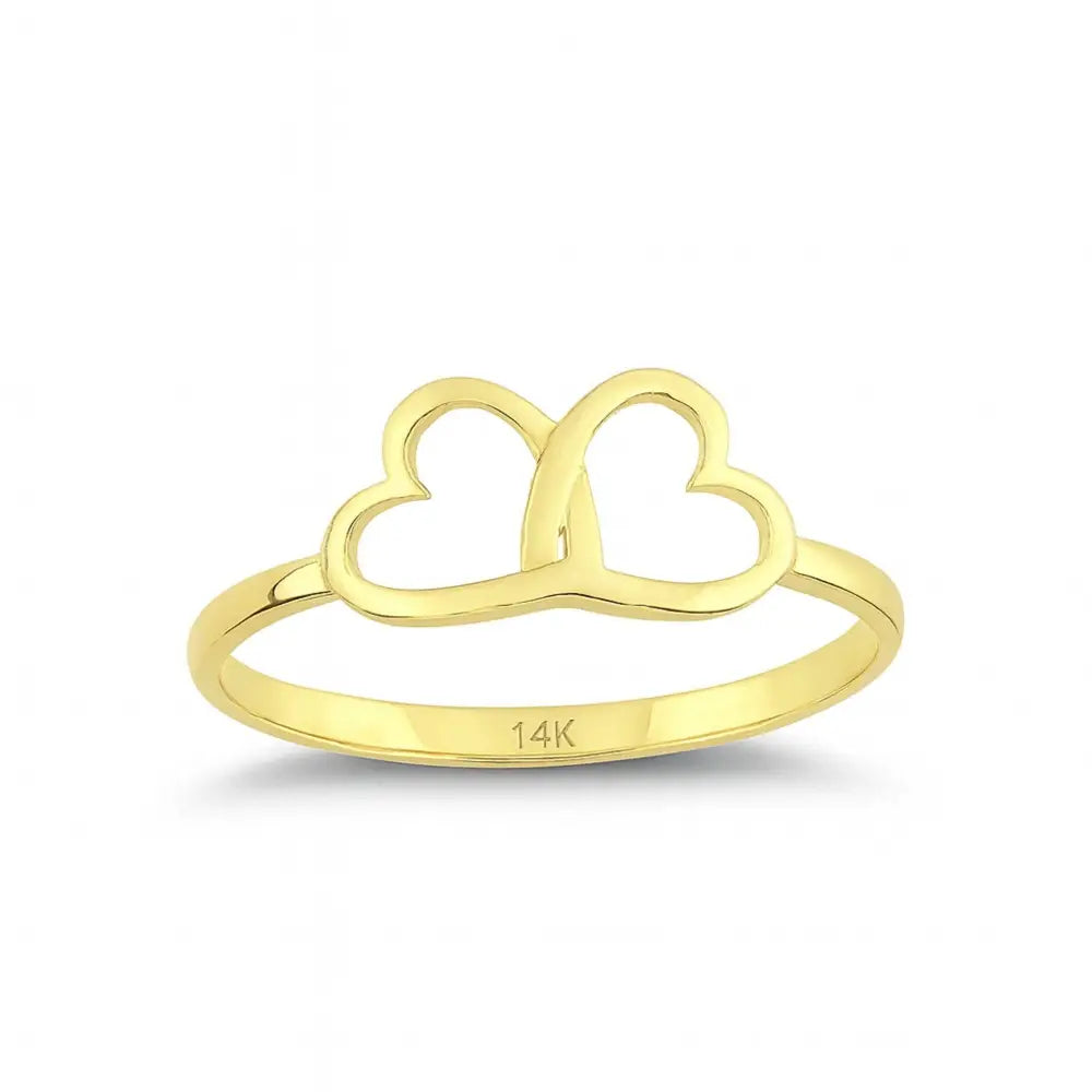 14K Solid Gold Double Heart Ring Dainty Love Band