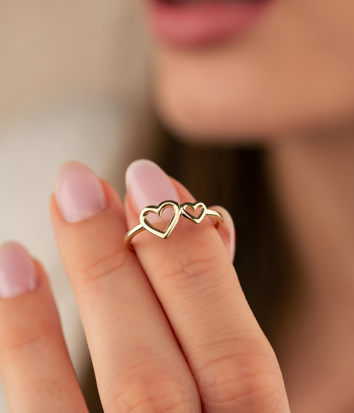 14K Solid Gold Double Heart Ring Present - Rings