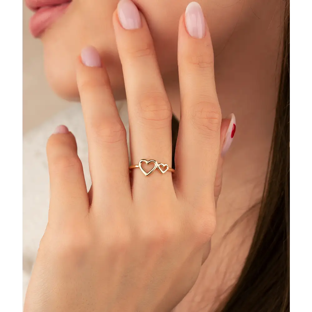 14K Solid Gold Double Heart Ring Present - Rings