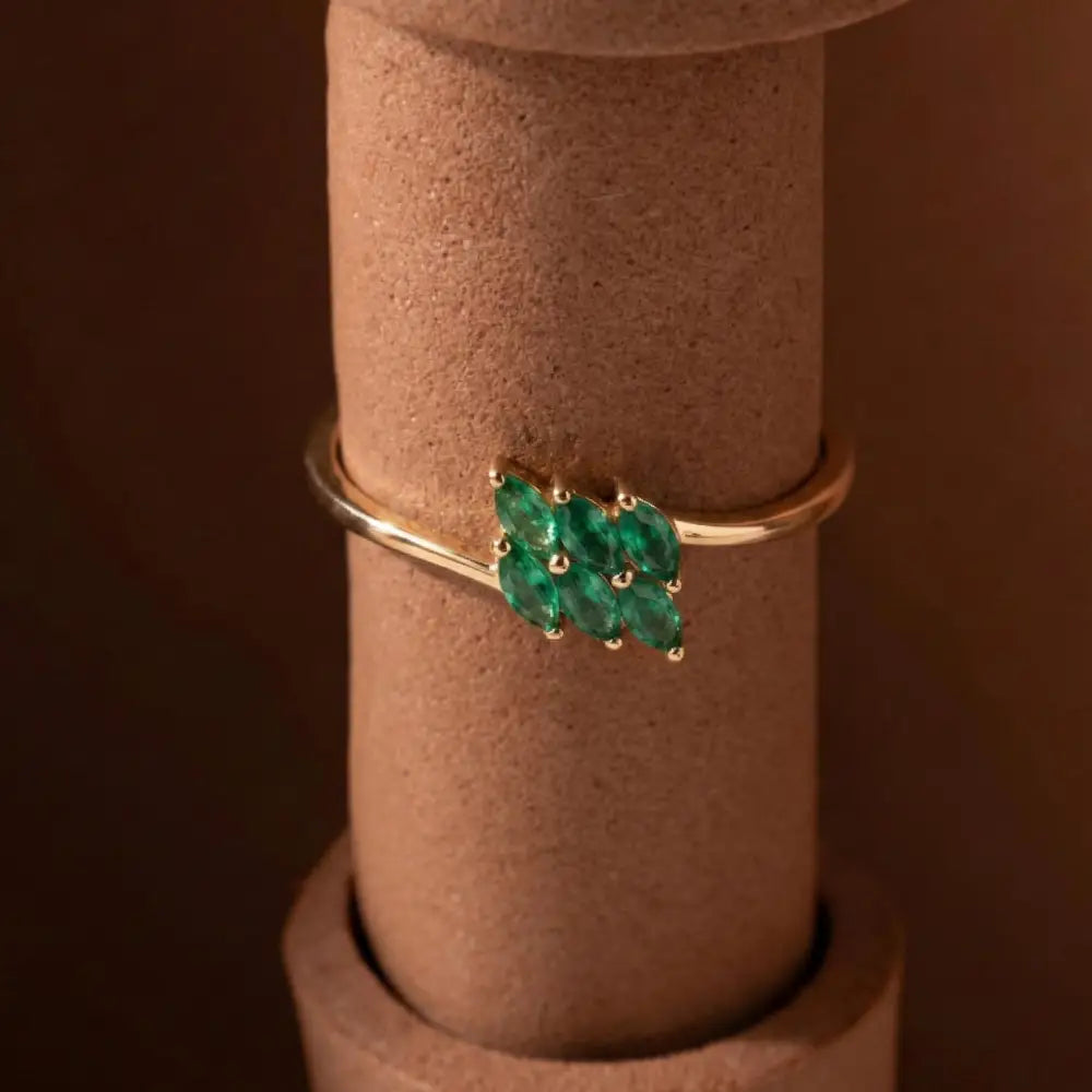 14K Solid Gold Emerald Ring Handmade Elegant Marquise Cut Green Stones for Women