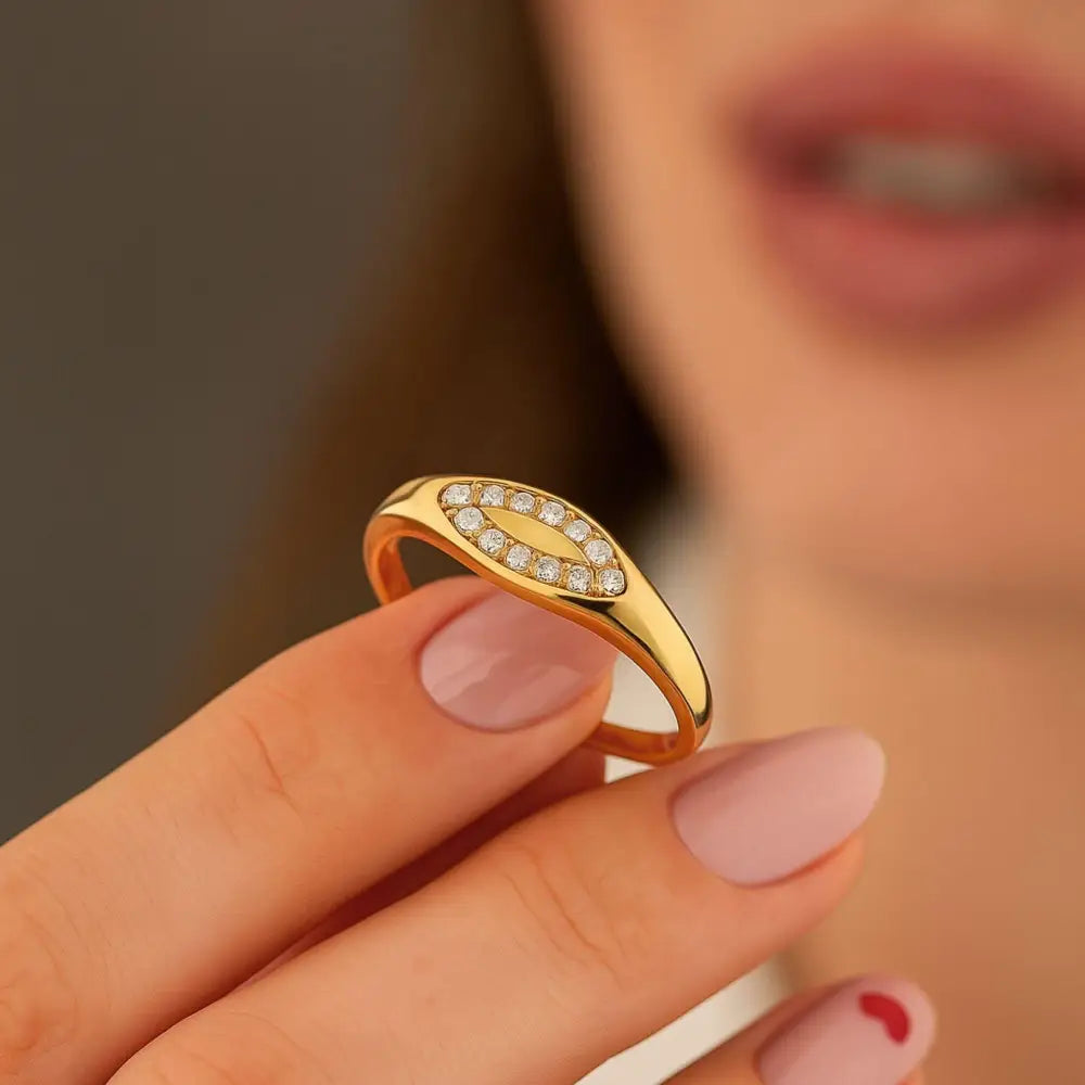 14K Solid Gold Evil Eye Signet Ring Cubic Zirconia Pave