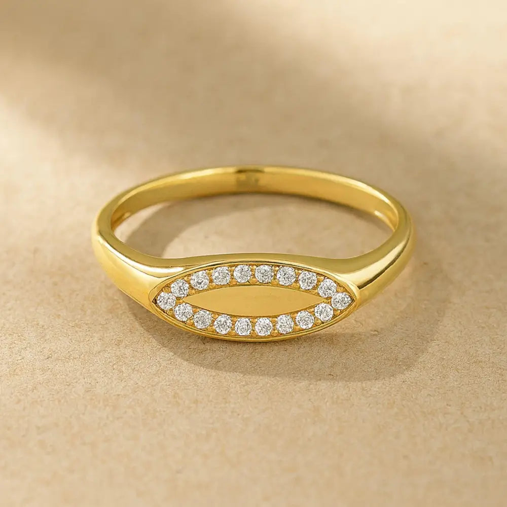 14K Solid Gold Evil Eye Signet Ring Cubic Zirconia Pave