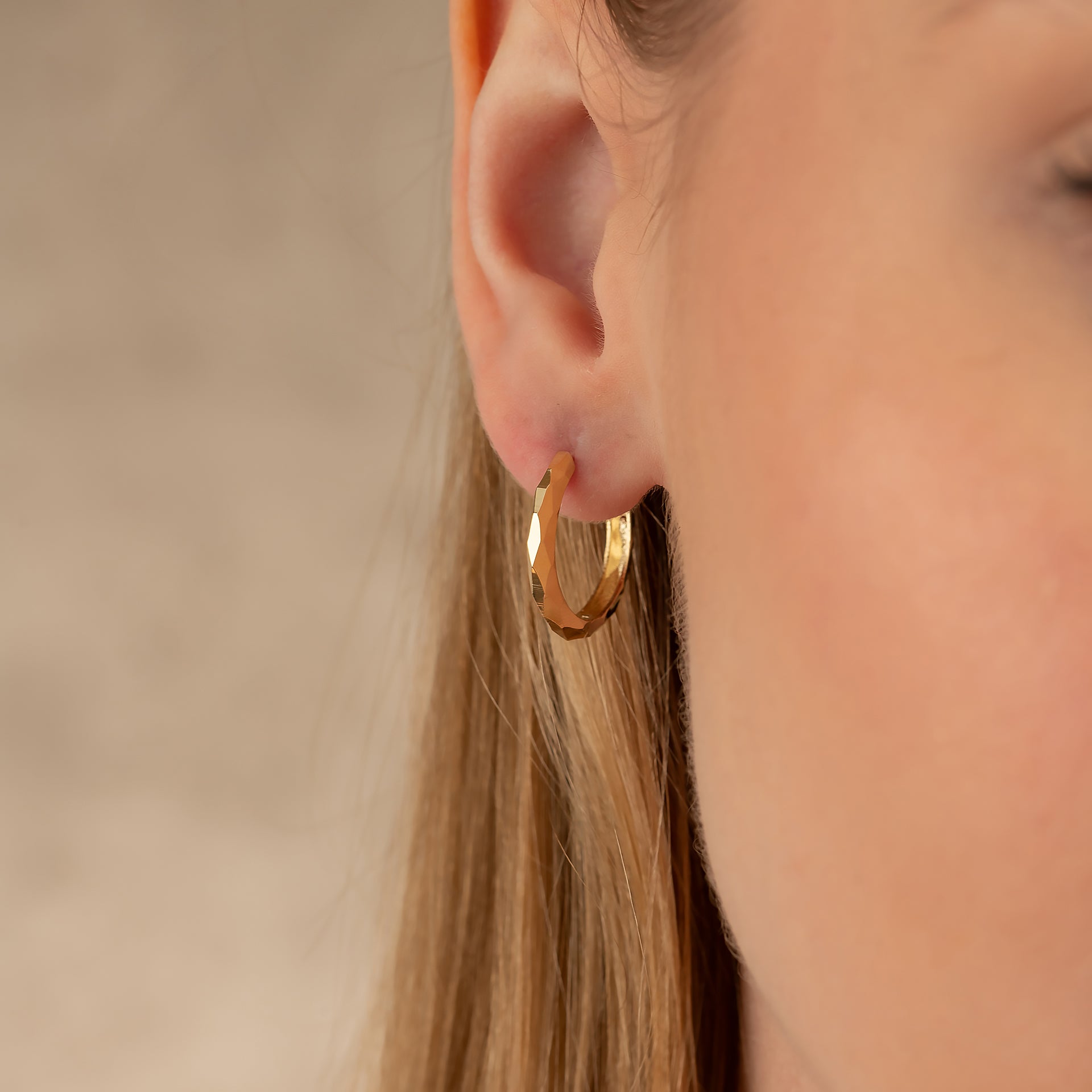 14K Solid Gold Faceted Hoop Earrings | Handcrafted Stackable Hoops for Women - Hoop Earrings
