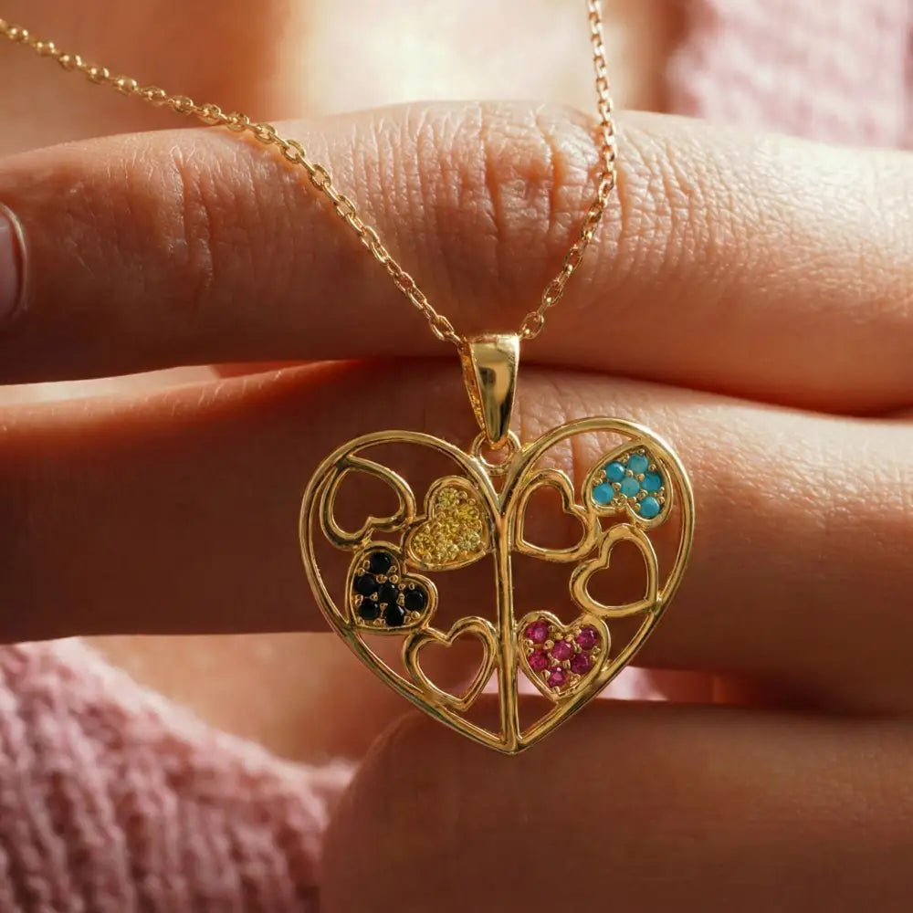 14K Solid Gold Family Tree Heart Necklace Colorful Birthstone Pendant Personalized Mom Jewelry Grandma Gift for Mothers