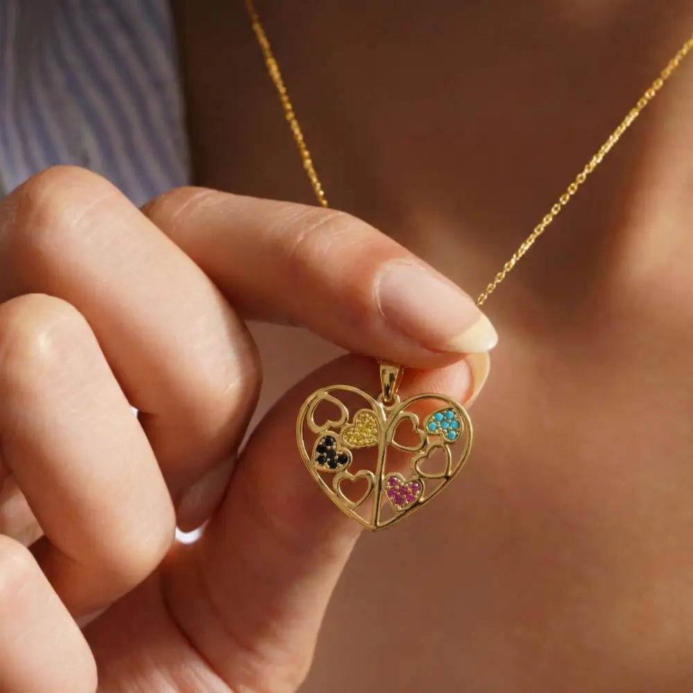 14K Solid Gold Family Tree Heart Necklace Colorful Birthstone Pendant Personalized Mom Jewelry Grandma Gift for Mothers