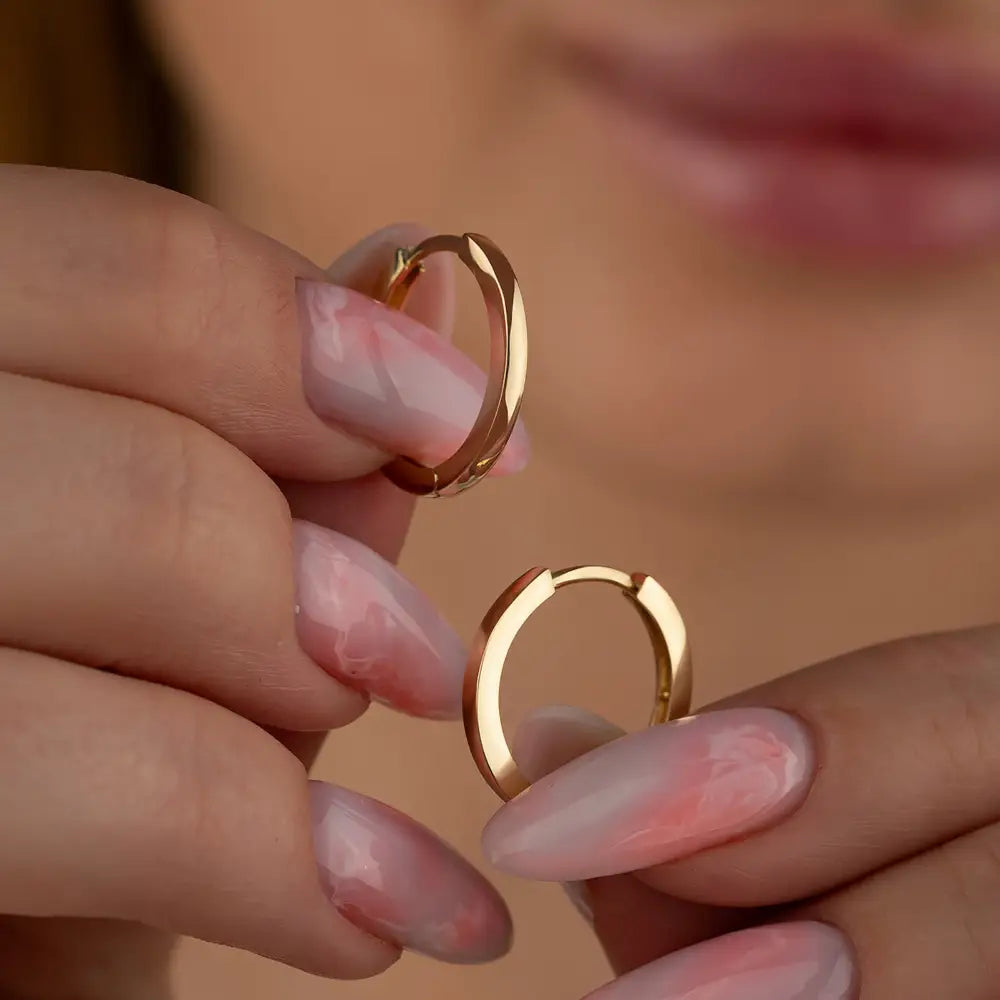 14K Solid Gold Flat Edge Huggie Hoop Earrings | 10.8mm & 13.5mm Everyday Stacking Hoops for Women - Hoop Earrings