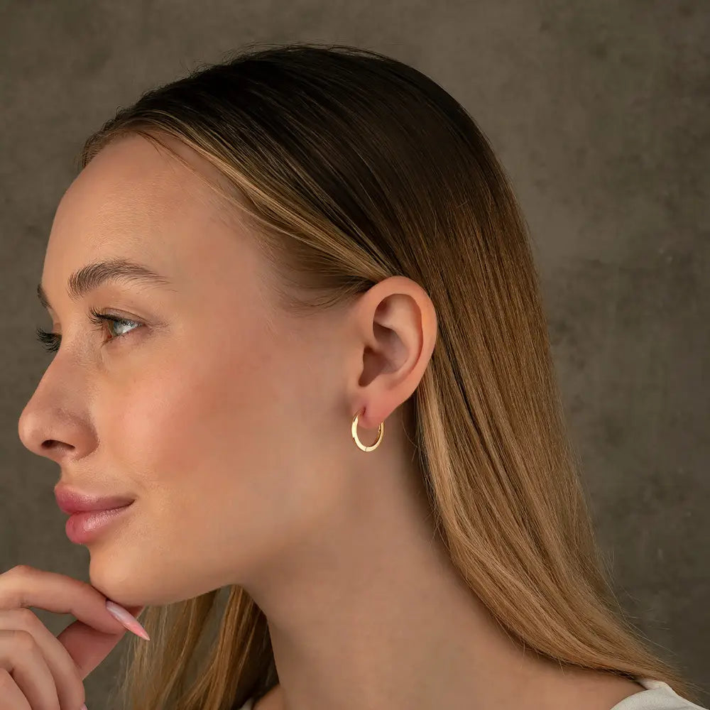 14K Solid Gold Flat Edge Huggie Hoop Earrings | 10.8mm & 13.5mm Everyday Stacking Hoops for Women - Hoop Earrings