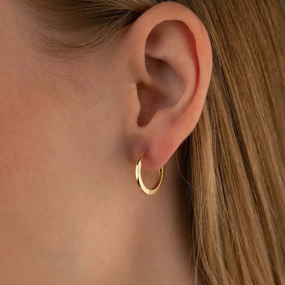 14K Solid Gold Flat Edge Huggie Hoop Earrings | 10.8mm & 13.5mm Everyday Stacking Hoops for Women - Hoop Earrings