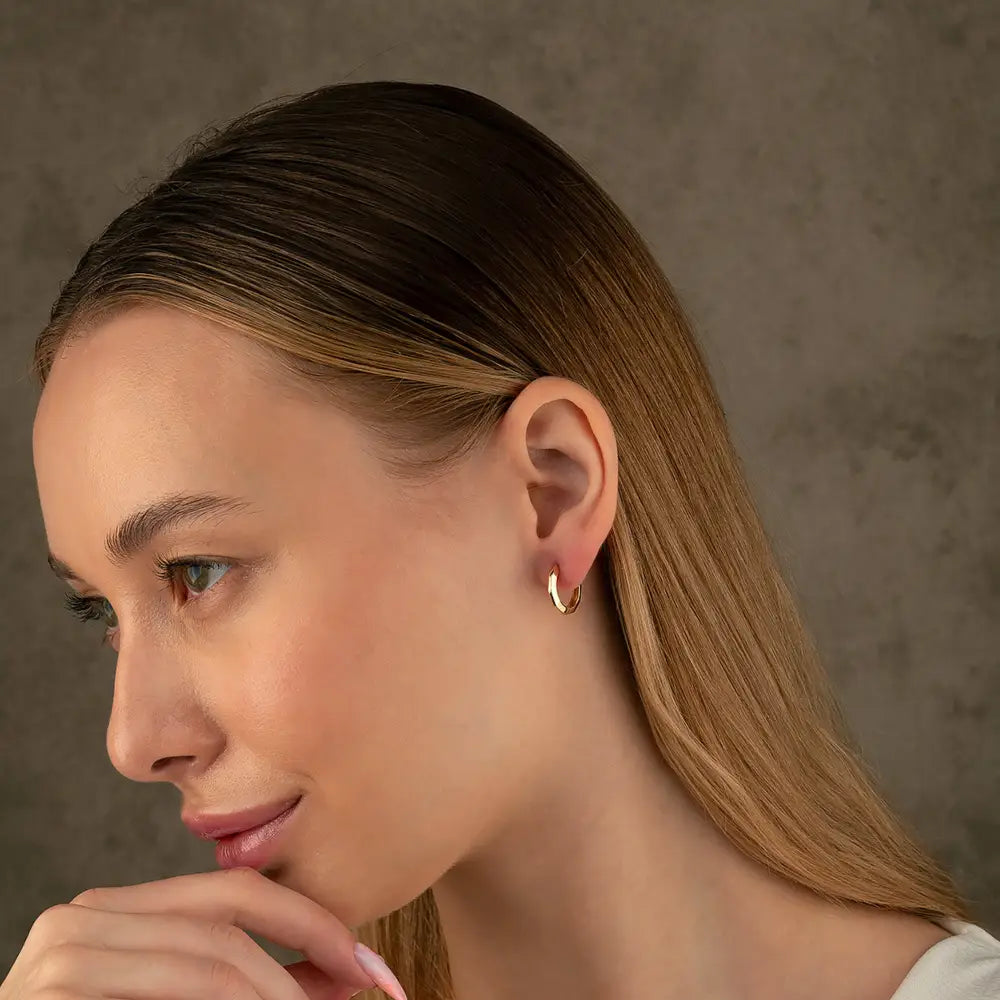 14K Solid Gold Flat Edge Huggie Hoop Earrings | 11mm Minimal Everyday Hoops for Women - Hoop Earrings