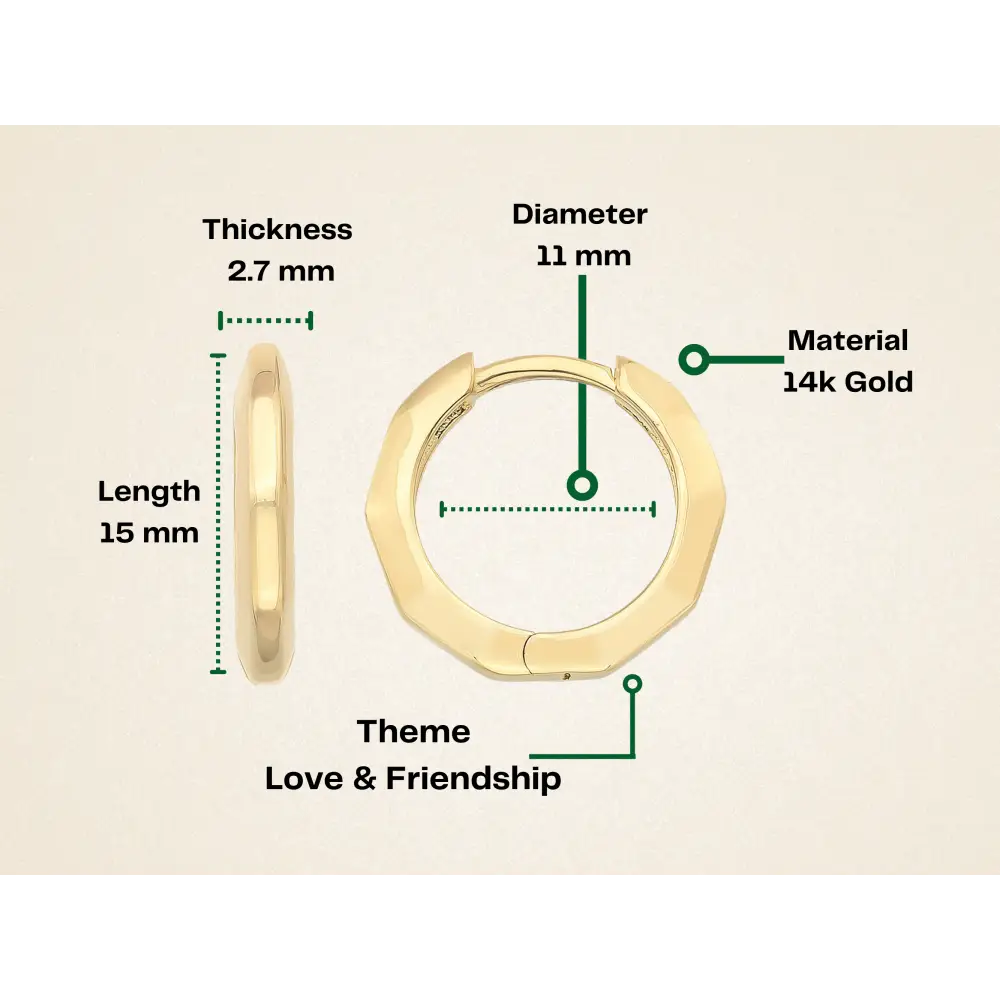 14K Solid Gold Flat Edge Huggie Hoop Earrings | 11mm Minimal Everyday Hoops for Women - Hoop Earrings