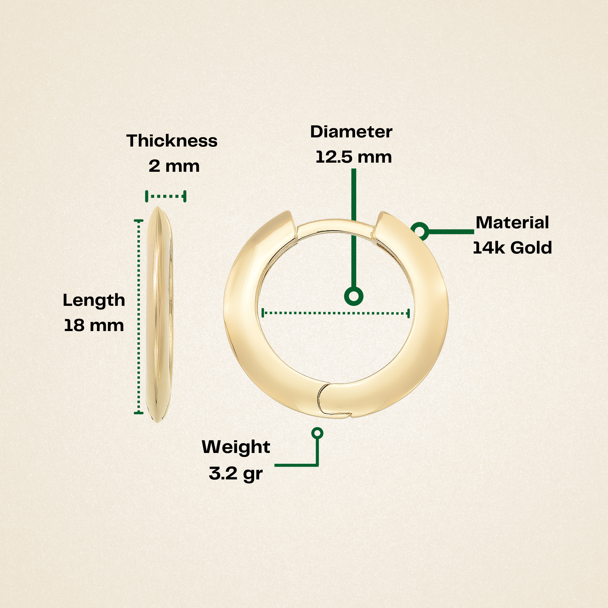 14K Solid Gold Flat Edge Huggie Hoop Earrings | 18mm Simple Everyday Hoops for Women - Hoop Earrings