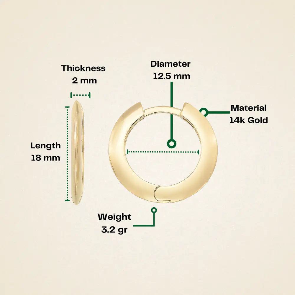 14K Solid Gold Flat Edge Huggie Hoop Earrings | 18mm Simple Everyday Hoops for Women - Hoop Earrings