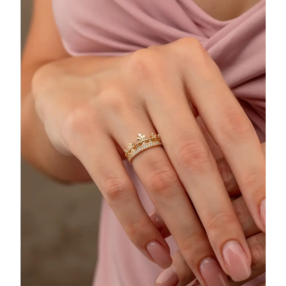 14K Solid Gold Flower Crown Ring - Rings