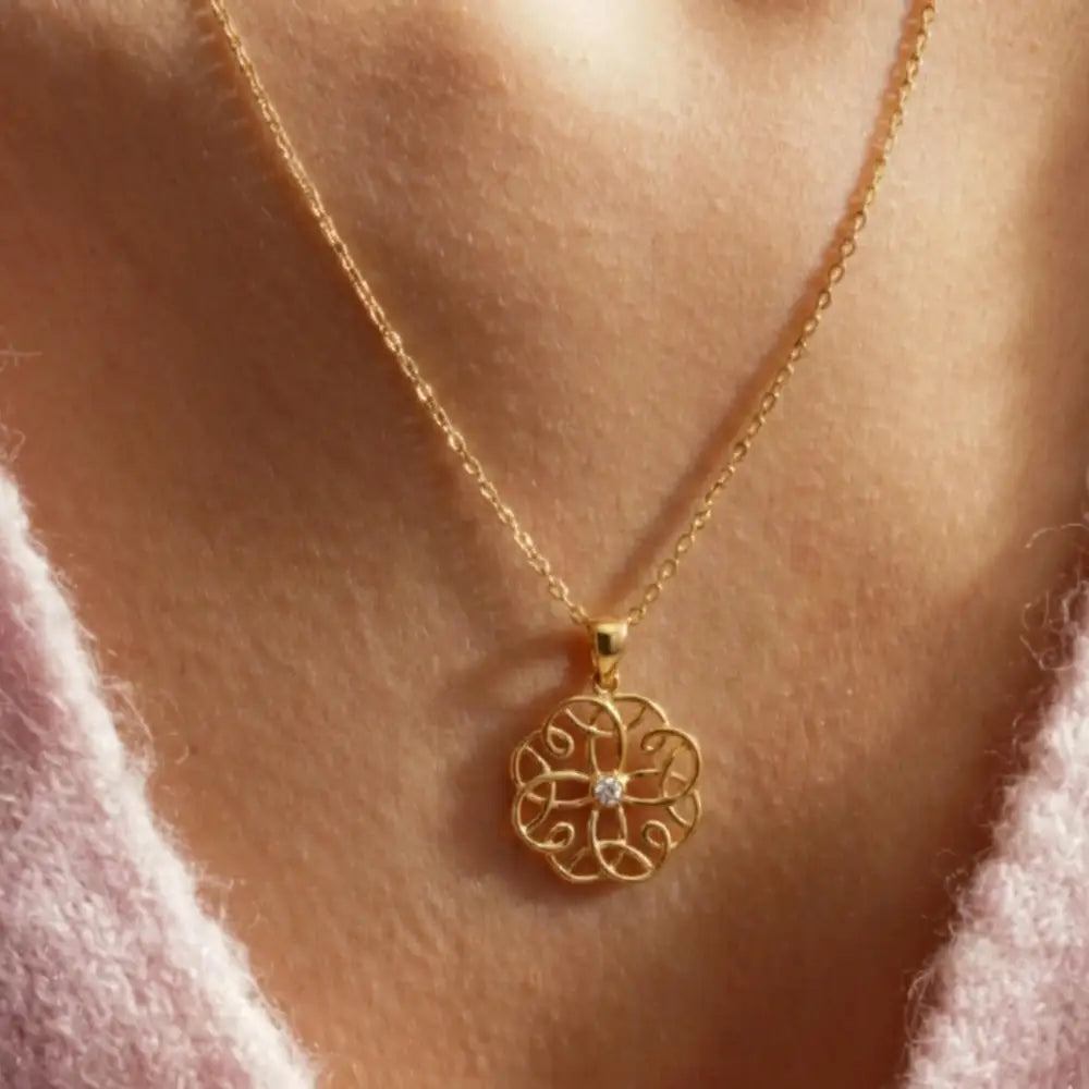 14K Solid Gold Flower Pendant Necklace Handcrafted Design With Center Diamond Elegant Jewelry - Jewelry