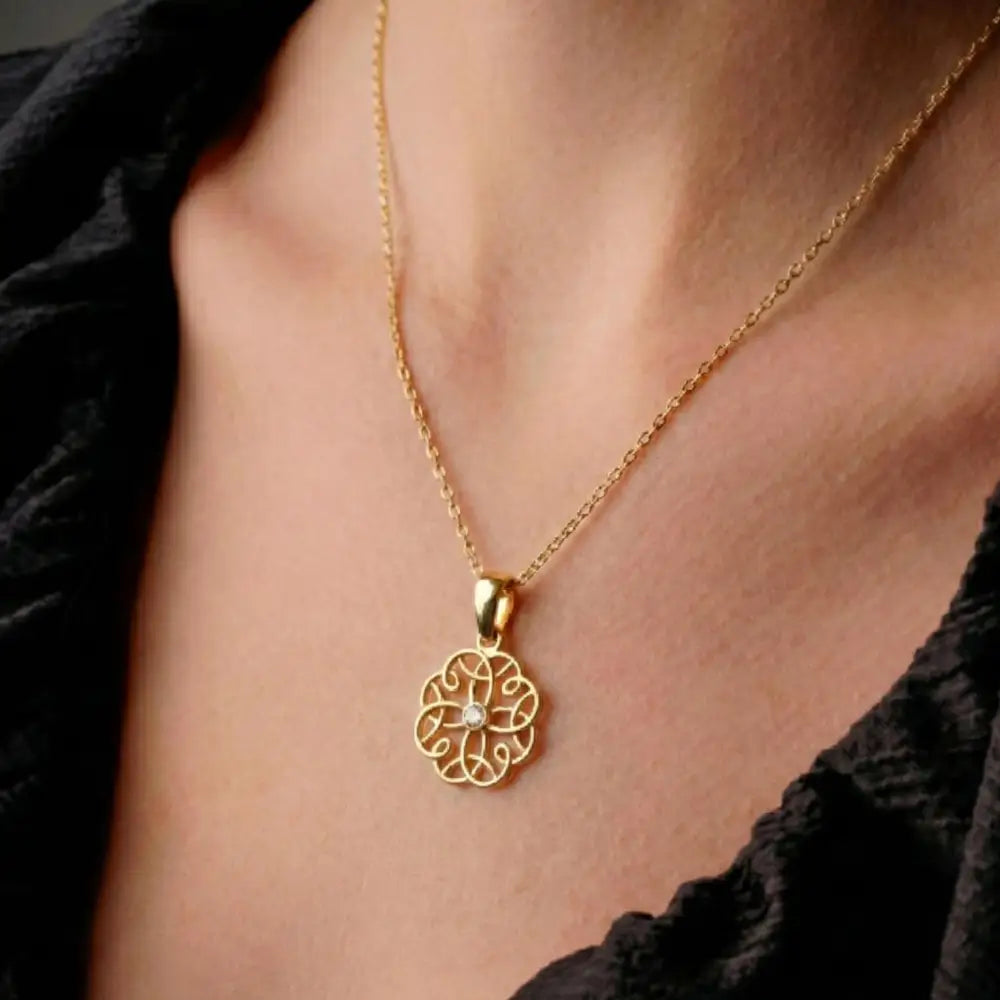 14K Solid Gold Flower Pendant Necklace Handcrafted Design With Center Diamond Elegant Jewelry - Jewelry