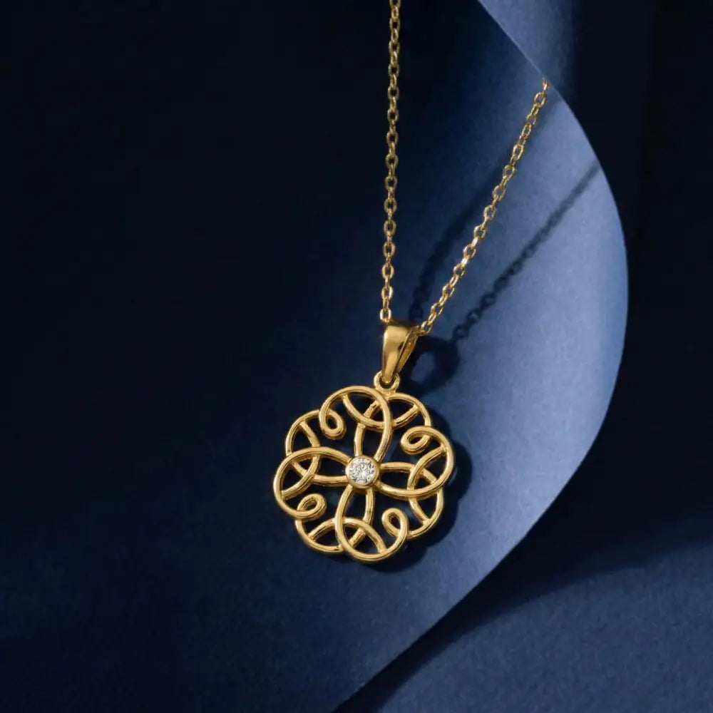 14K Solid Gold Flower Pendant Necklace Handcrafted Design With Center Diamond Elegant Jewelry - Jewelry