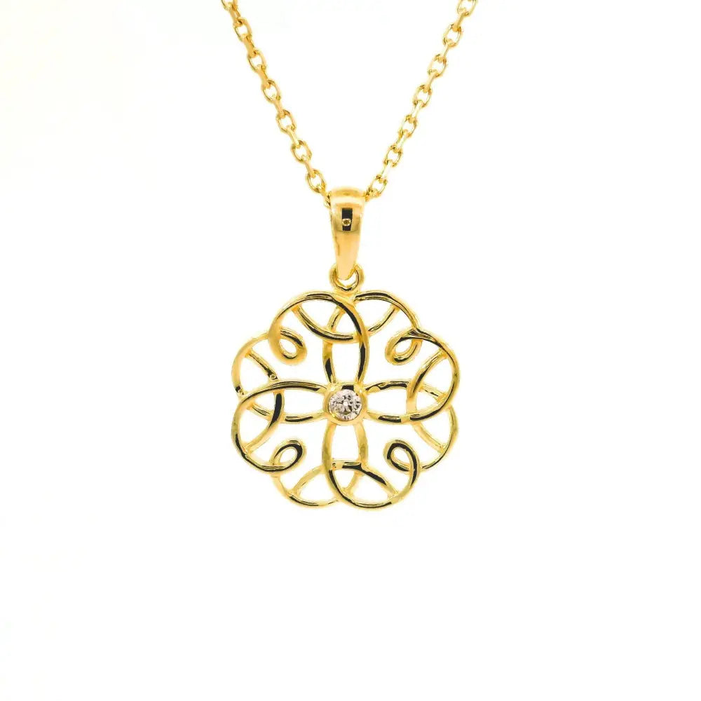 14K Solid Gold Flower Pendant Necklace Handcrafted Design With Center Diamond Elegant Jewelry - Jewelry