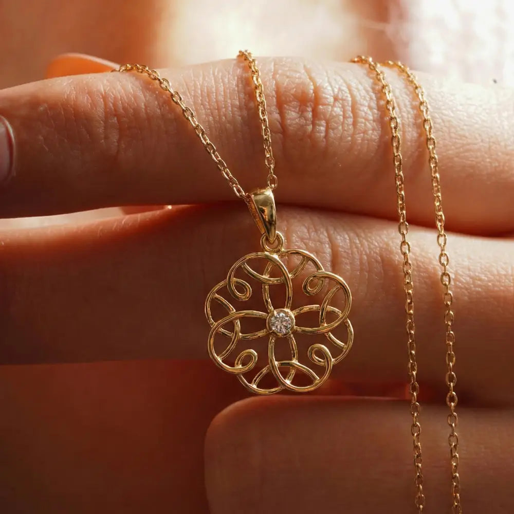 14K Solid Gold Flower Pendant Necklace Handcrafted Design With Center Diamond Elegant Jewelry - Jewelry