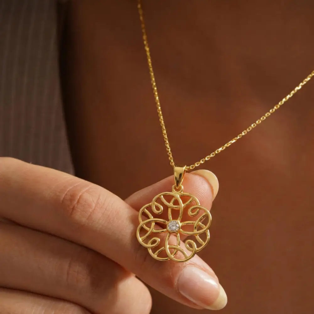 14K Solid Gold Flower Pendant Necklace Handcrafted Design With Center Diamond Elegant Jewelry - Jewelry