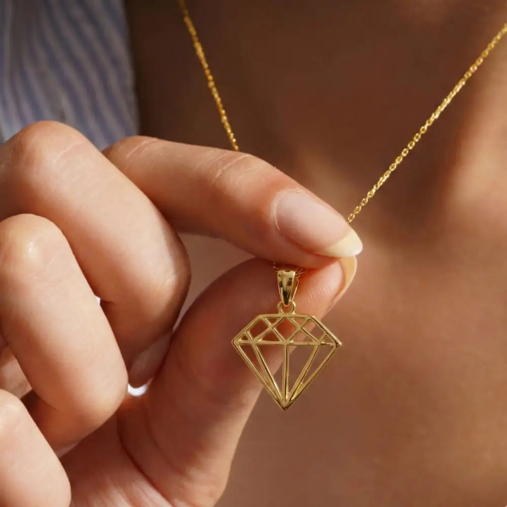 14K Solid Gold Geometric Diamond Necklace Modern Outline Pendant Charm Dainty Minimalist Jewelry Art Deco Style Gift
