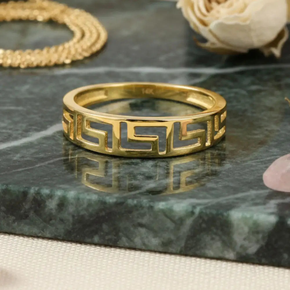 14K Solid Gold Greek Key Ring 3mm Meander Band