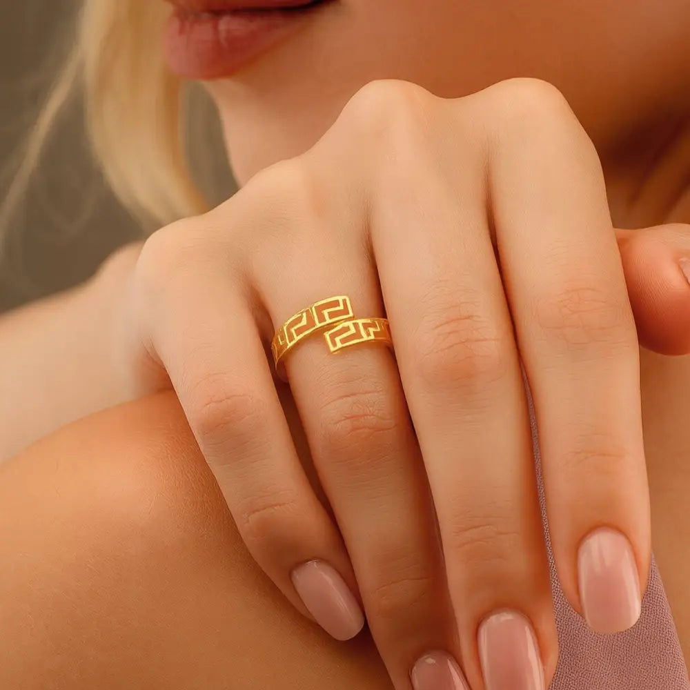 14K Solid Gold Greek Key Ring Byzantine Wedding Band