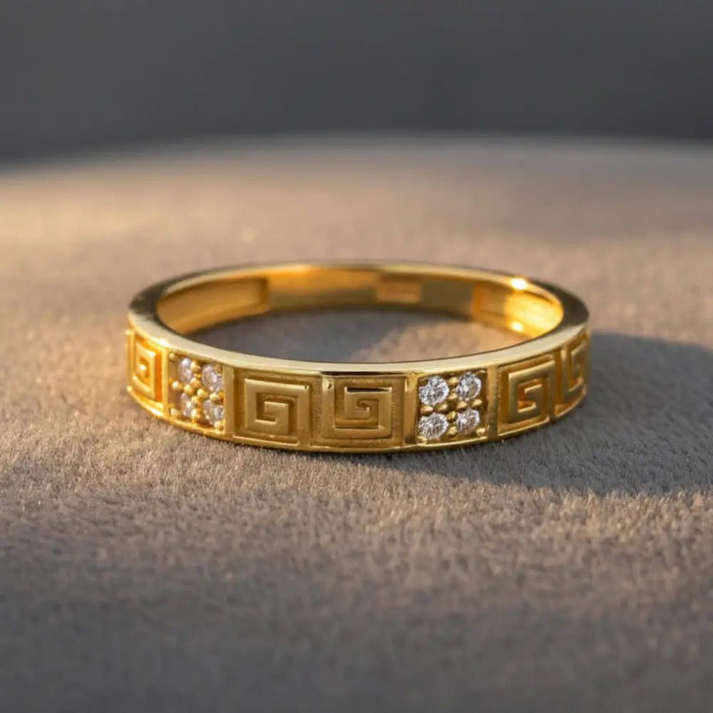 14K Solid Gold Greek Key Ring – Meander Design with Side Simulated Diamond