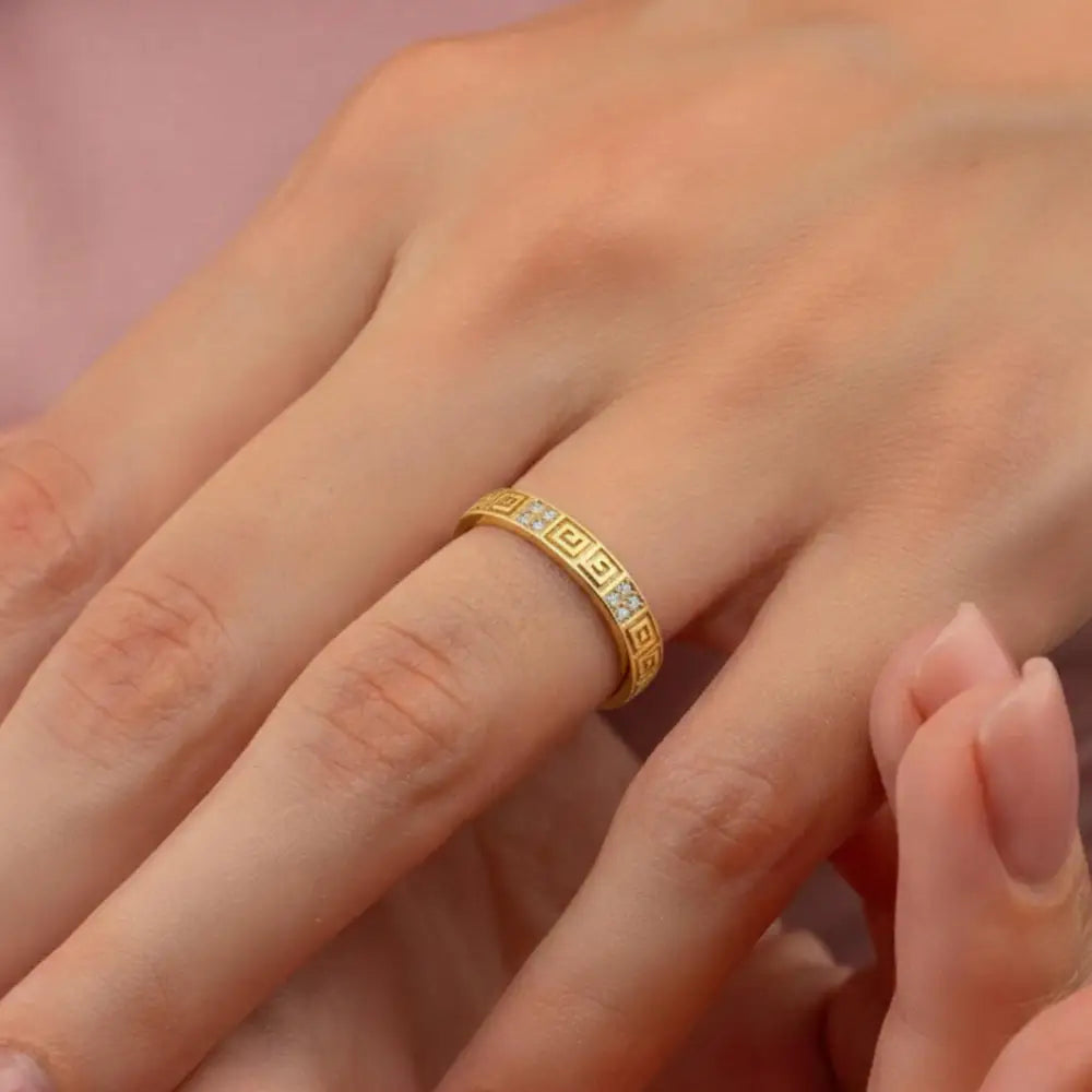 14K Solid Gold Greek Key Ring – Meander Design with Side Simulated Diamond