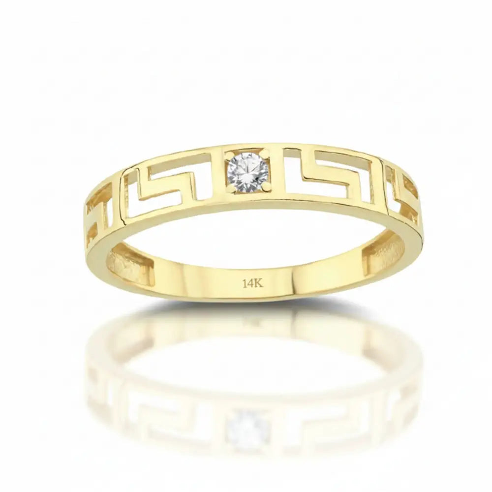 14K Solid Gold Greek Key Ring Simulant Diamond Engagement Ring