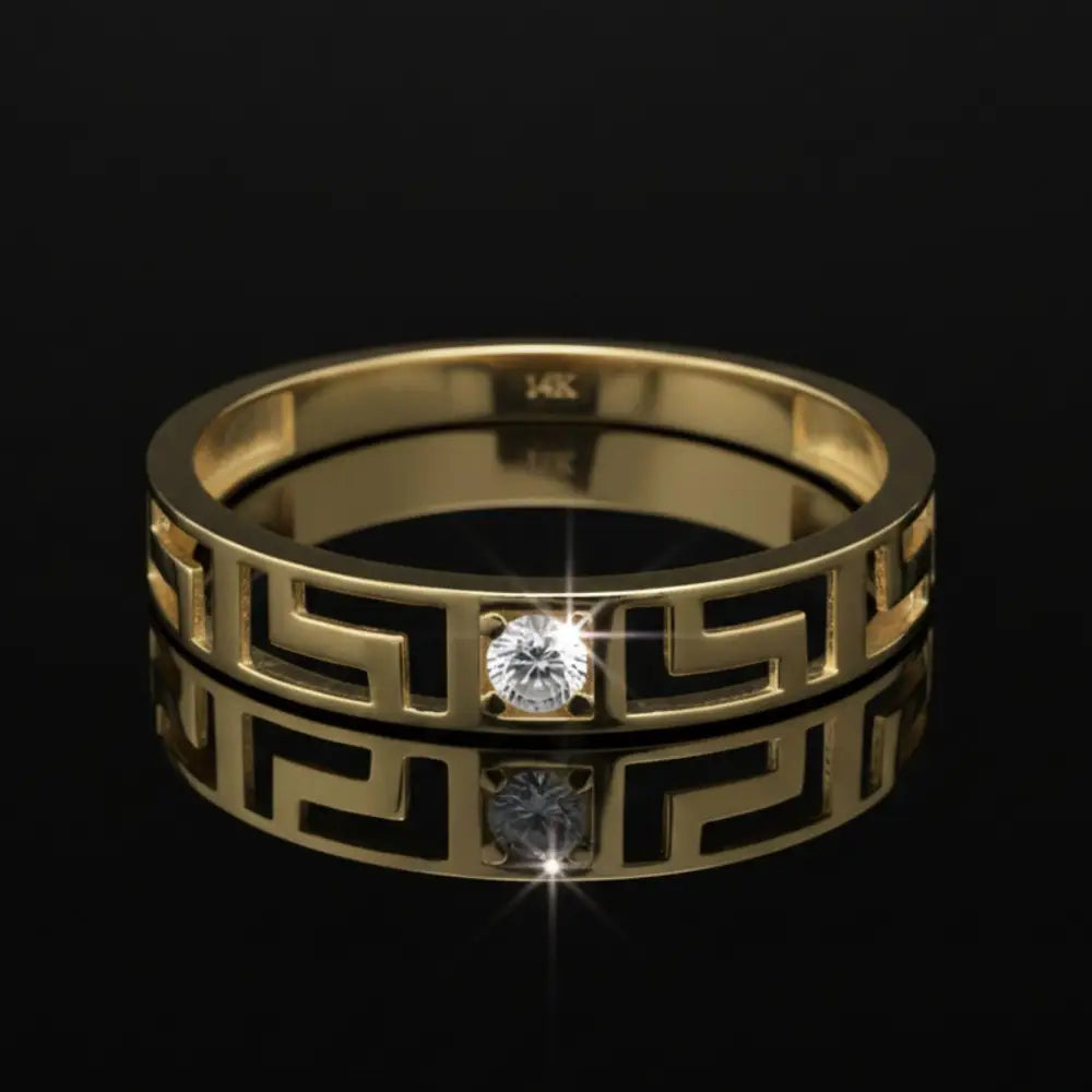 14K Solid Gold Greek Key Ring Simulant Diamond Engagement Ring