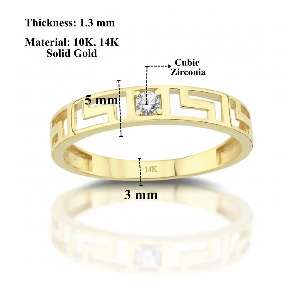 14K Solid Gold Greek Key Ring Simulant Diamond Engagement Ring