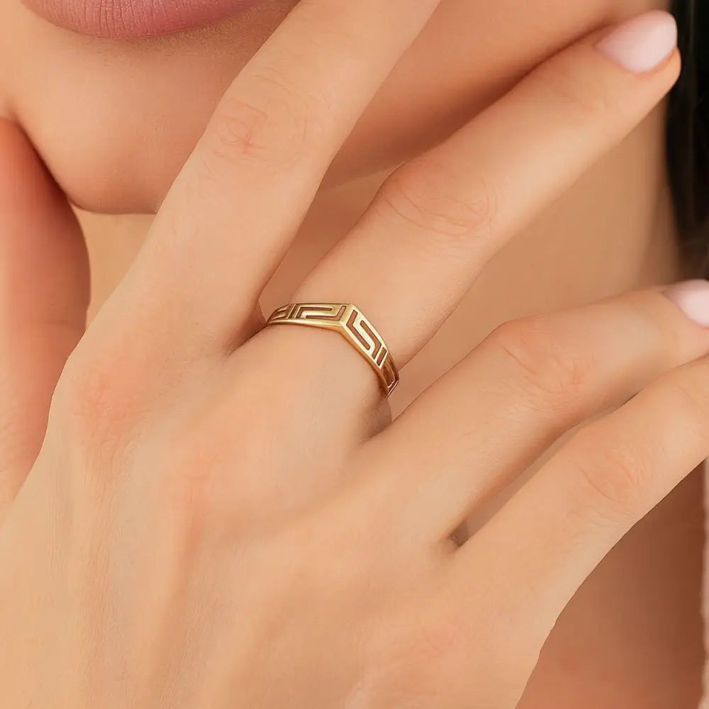 14K Solid Gold Greek Key Ring V Shape Meander Wedding Band