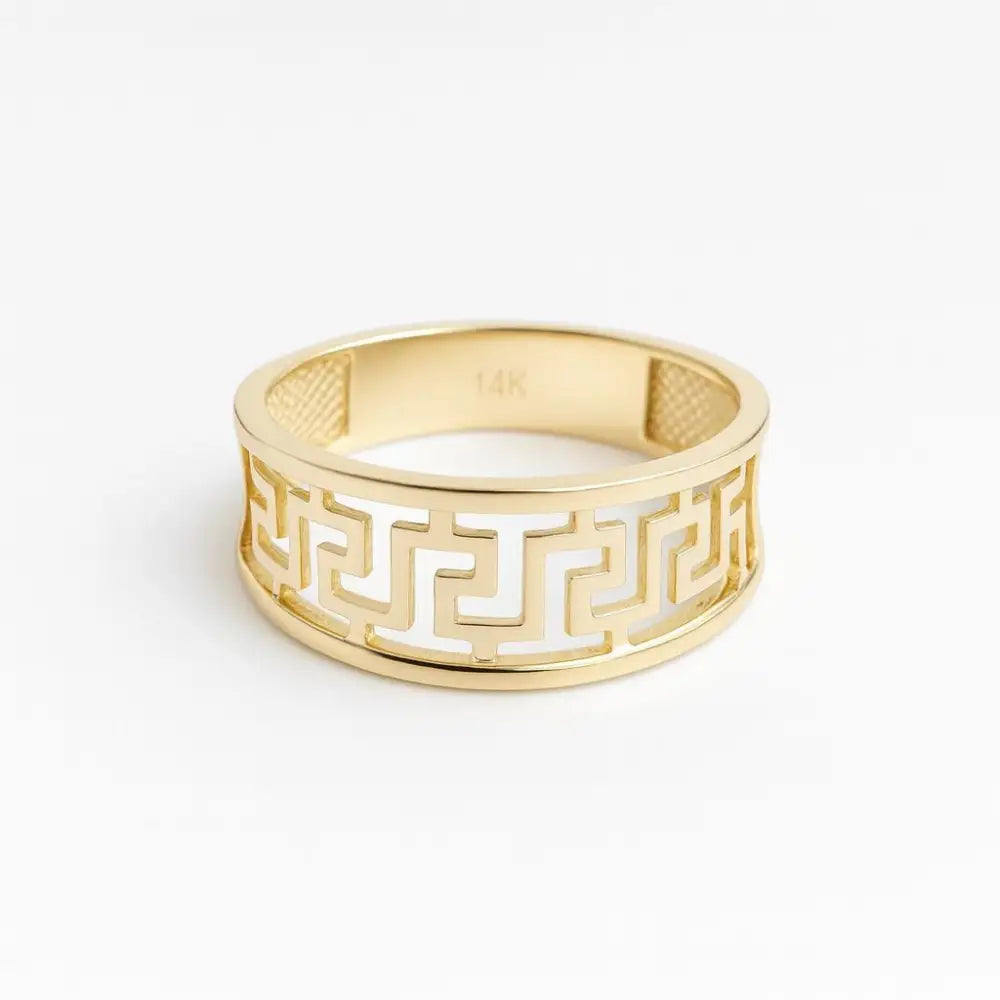 14K Solid Gold Greek Key Ring Wide Meander Pattern Wedding Band