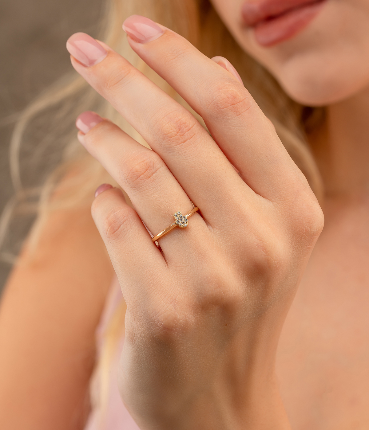 14K Solid Gold Hamsa Hand CZ Ring – Stackable Protection Jewelry for Her Sacred Symbolic Diamond Simulant Ring - Rings