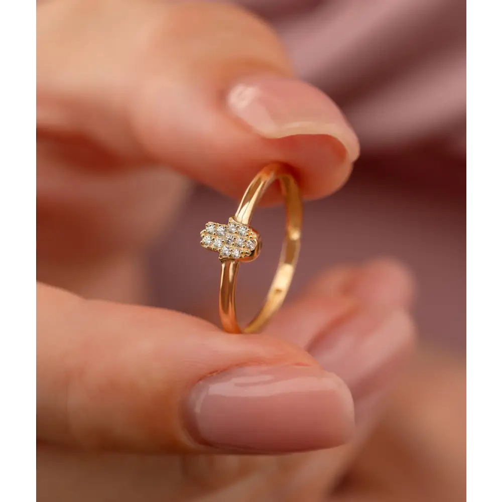 14K Solid Gold Hamsa Hand CZ Ring – Stackable Protection Jewelry for Her Sacred Symbolic Diamond Simulant Ring - Rings
