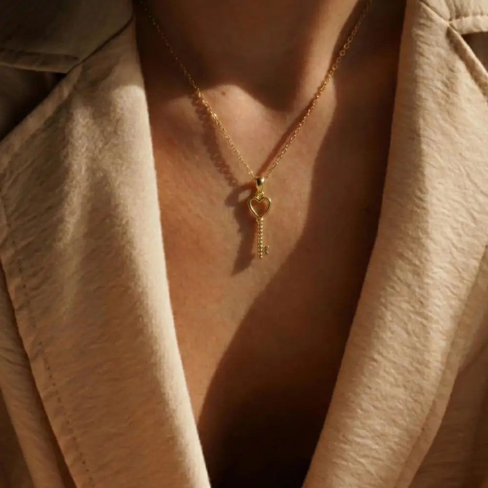 14K Solid Gold Handmade Heart Shaped Key Necklace Love Symbol Pendant With Key Design - Jewelry