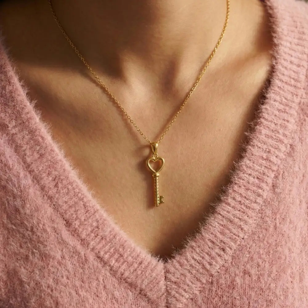 14K Solid Gold Handmade Heart Shaped Key Necklace Love Symbol Pendant With Key Design - Jewelry