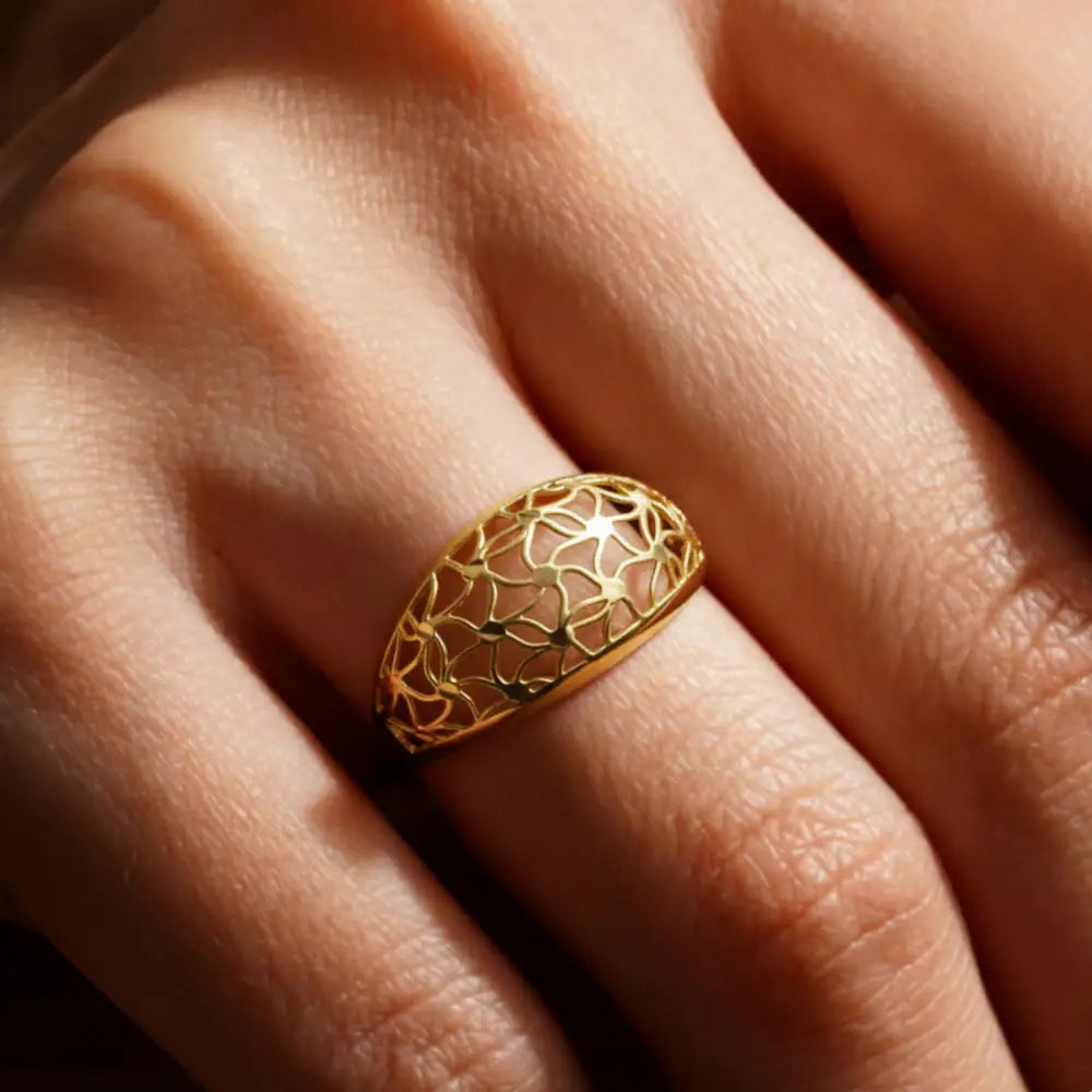 14K Solid Gold Handmade Openwork Ring Elegant Floral Lattice Design Wide Band Fine Jewelry